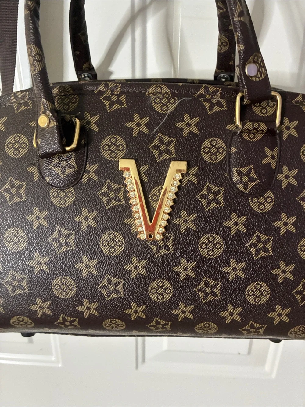 Brown Monogram Satchel Handbag with V Accent